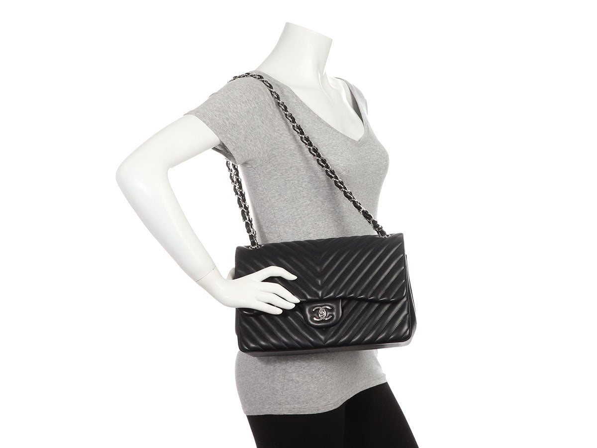 Chanel Jumbo Black Chevron-Quilted Lambskin Classic Double Flap - Image 10