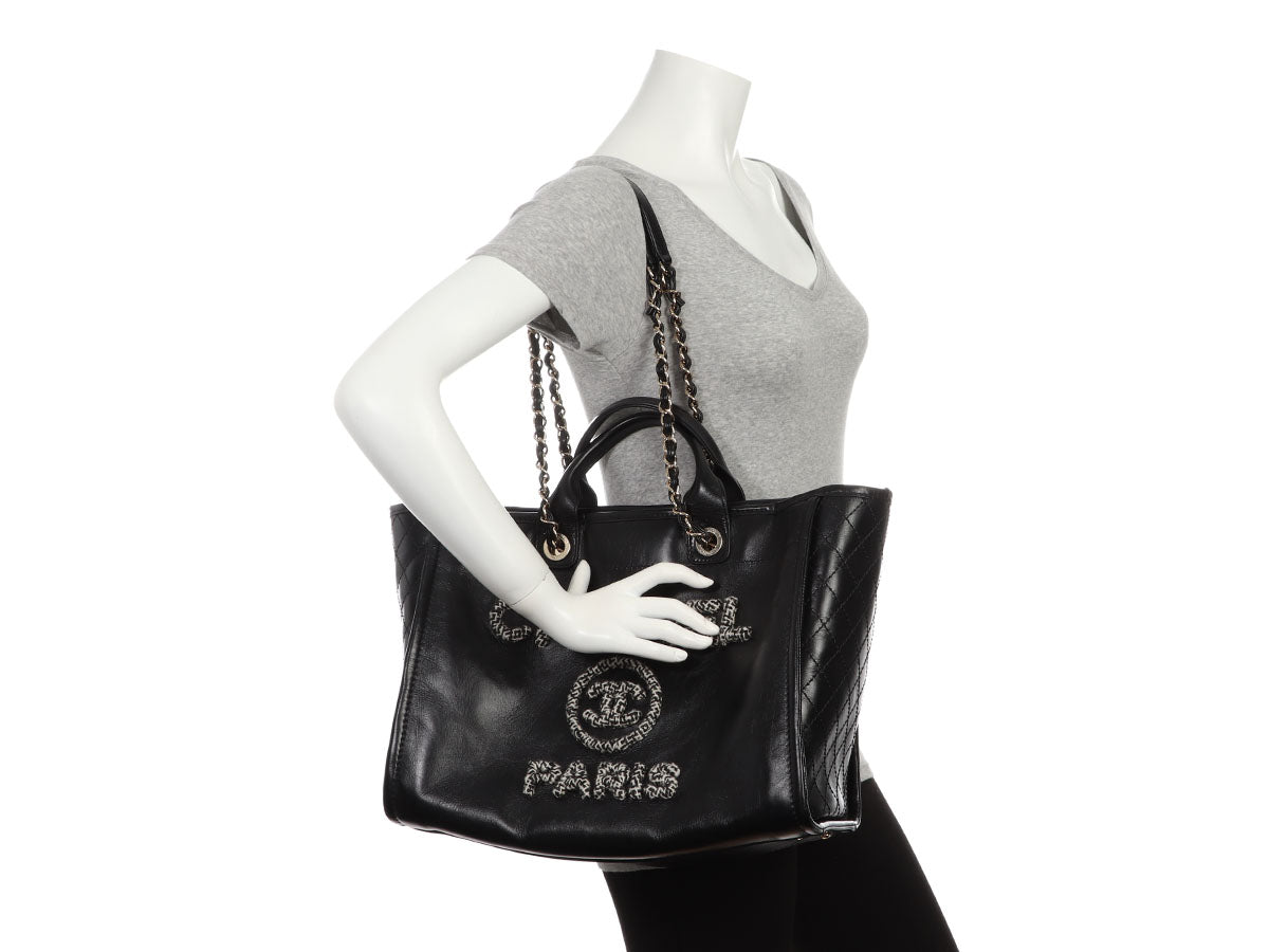 Chanel Large Black Leather Calfskin and Tweed Deauville Tote - Image 10