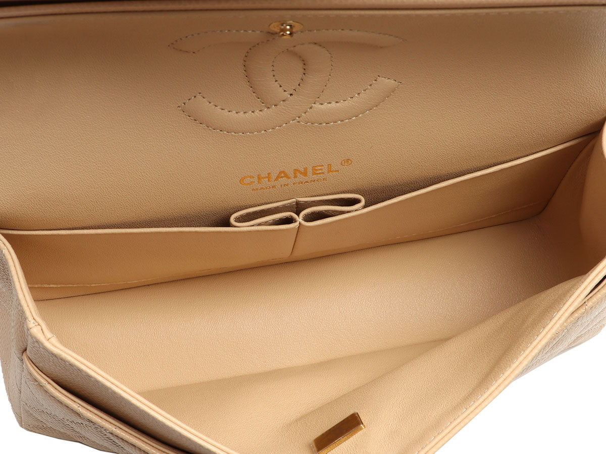 Chanel Medium/Large Beige Quilted Caviar Classic Double Flap - Image 9