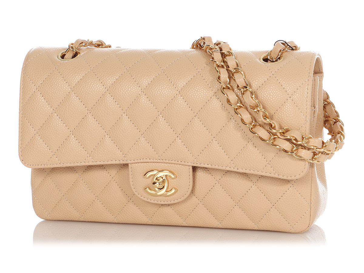 Chanel Medium/Large Beige Quilted Caviar Classic Double Flap - Image 3