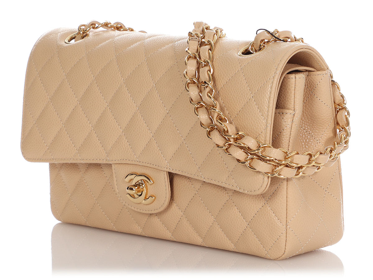 Chanel Medium/Large Beige Quilted Caviar Classic Double Flap - Image 4