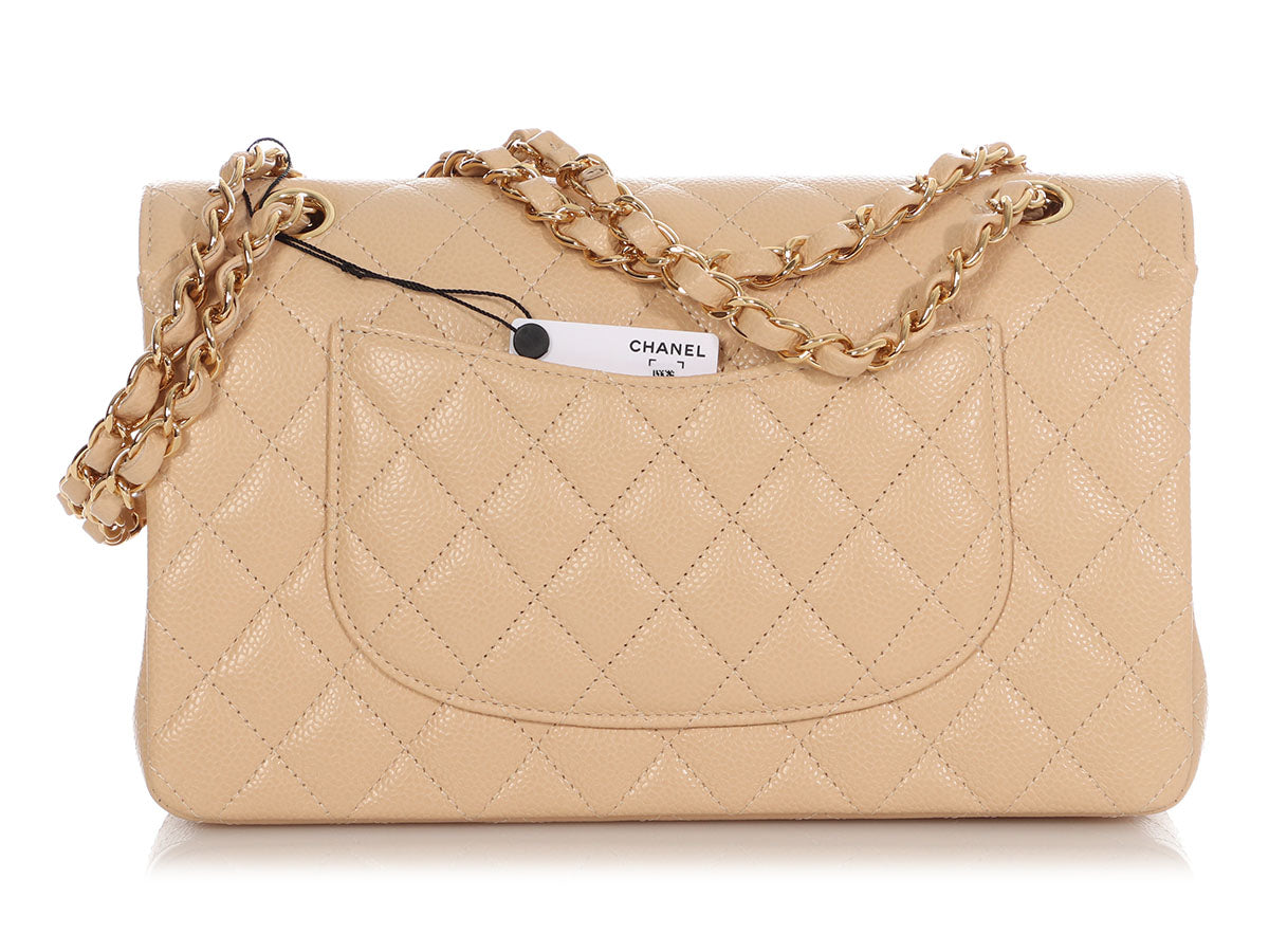 Chanel Medium/Large Beige Quilted Caviar Classic Double Flap - Image 5