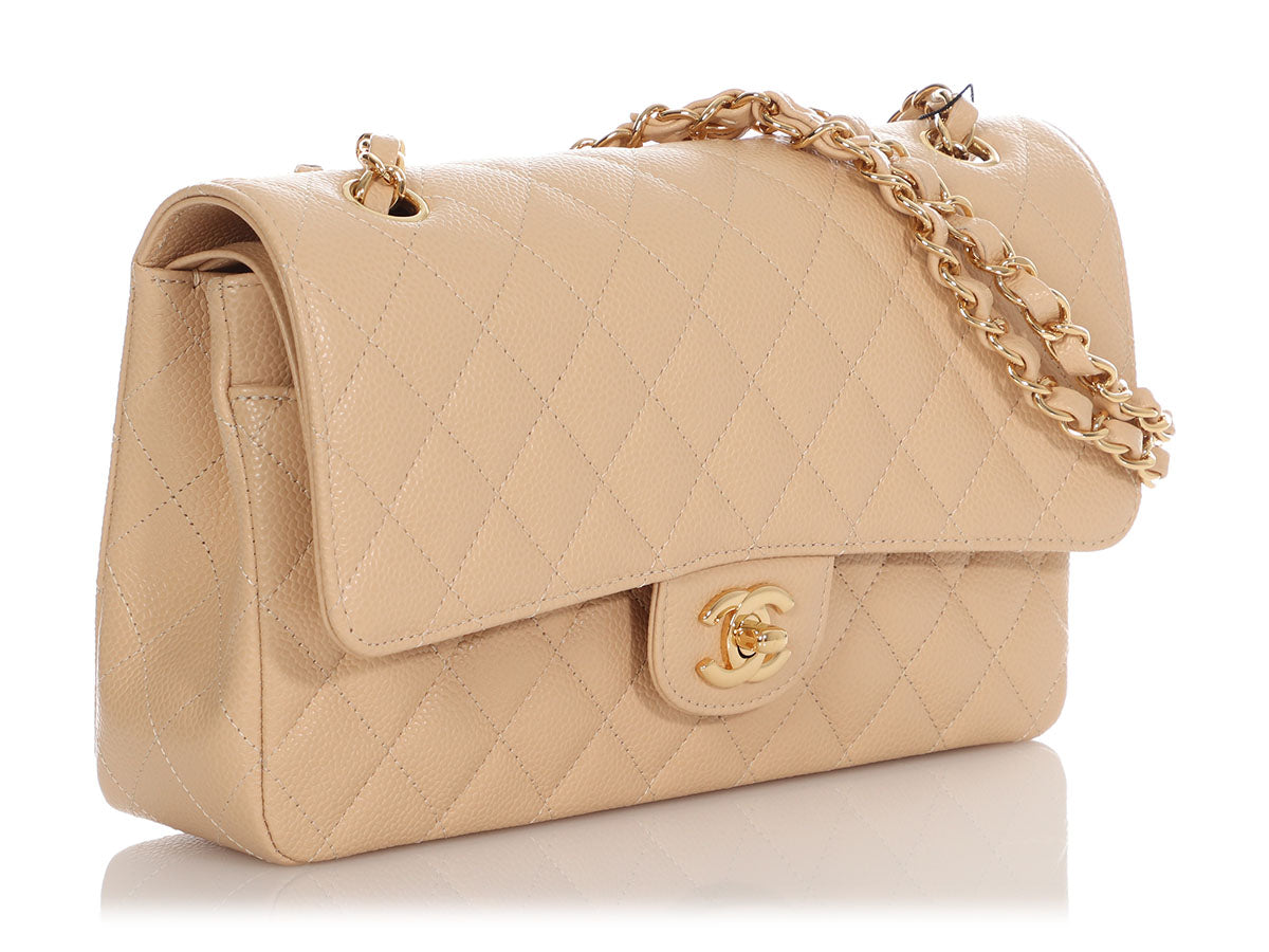 Chanel Medium/Large Beige Quilted Caviar Classic Double Flap - Image 6