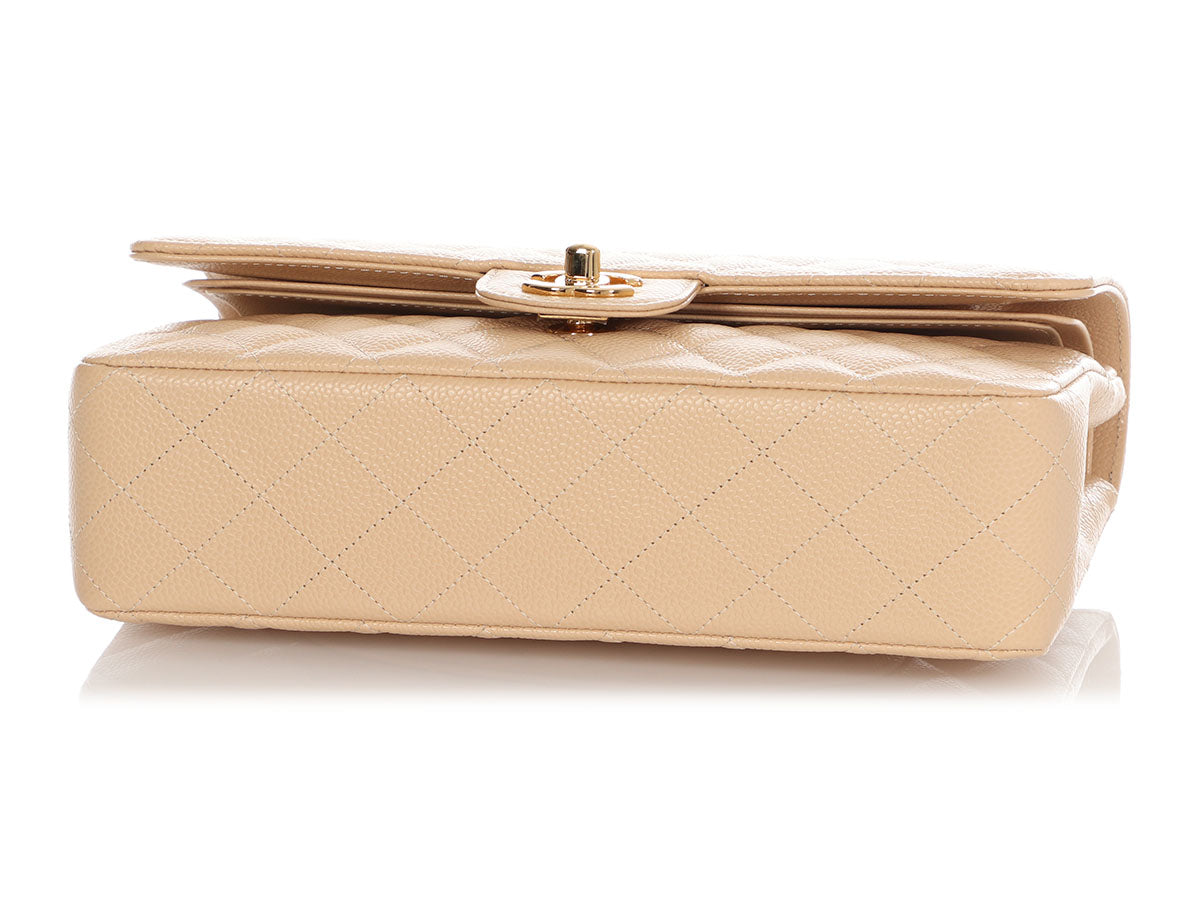Chanel Medium/Large Beige Quilted Caviar Classic Double Flap - Image 7