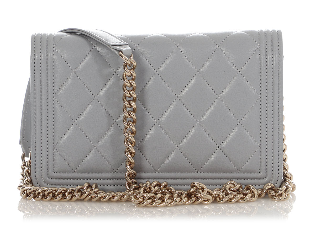 Chanel Gray Quilted Lambskin Boy Wallet on Chain WOC - Image 4