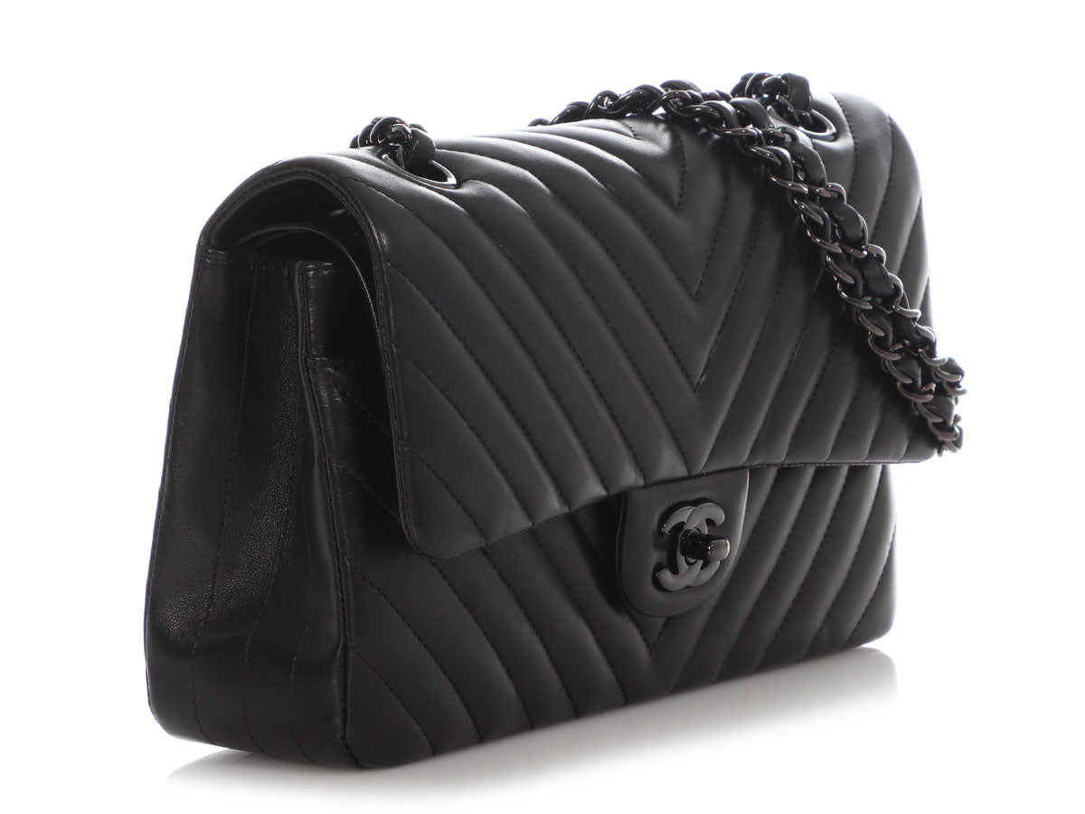 Chanel Medium/Large So Black Chevron-Quilted Lambskin Classic Double Flap - Image 7