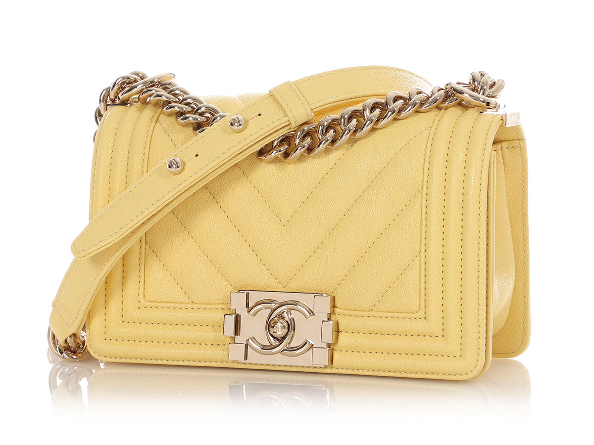 Chanel Small Yellow Chevron-Quilted Caviar Boy Bag - Image 4