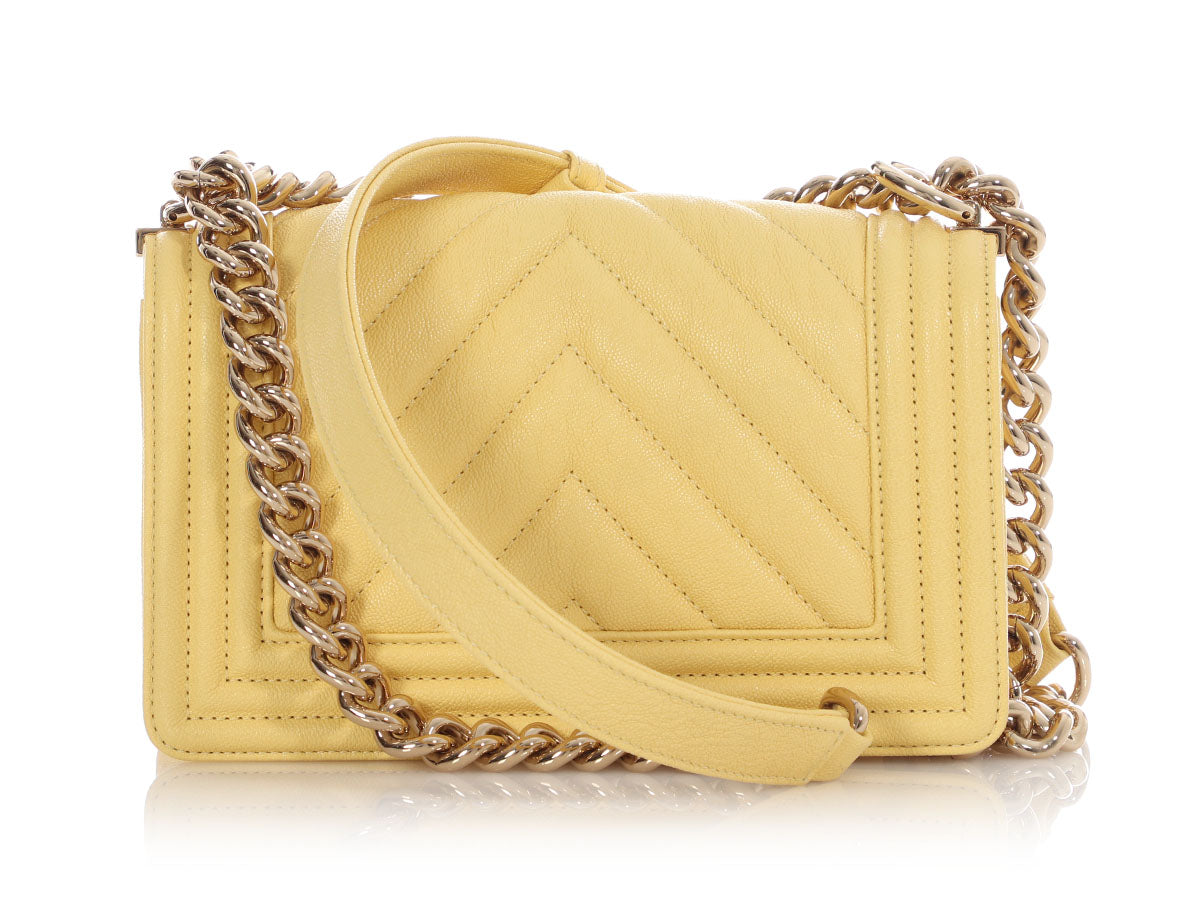 Chanel Small Yellow Chevron-Quilted Caviar Boy Bag - Image 6