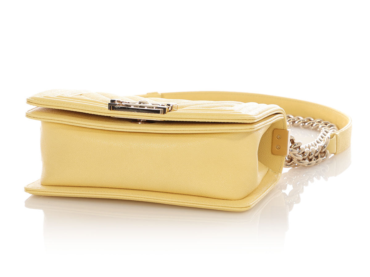 Chanel Small Yellow Chevron-Quilted Caviar Boy Bag - Image 8