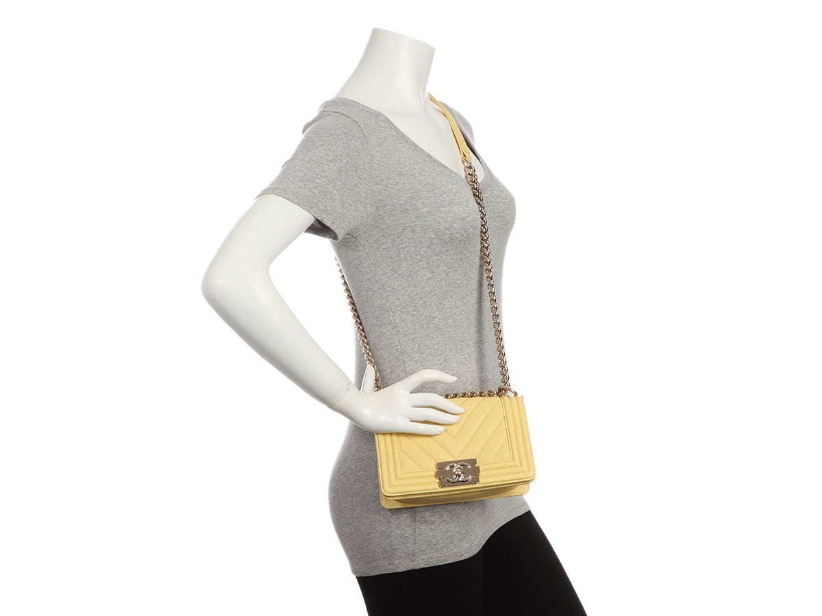 Chanel Small Yellow Chevron-Quilted Caviar Boy Bag - Image 11
