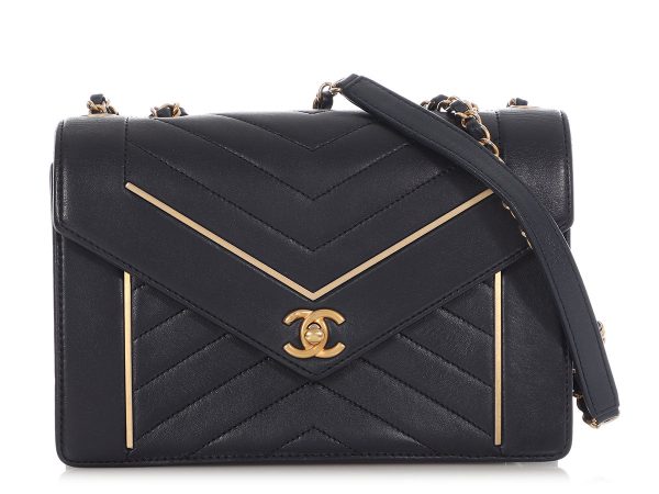 Chanel Navy Calfskin Reversed Chevron Envelope Flap Bag