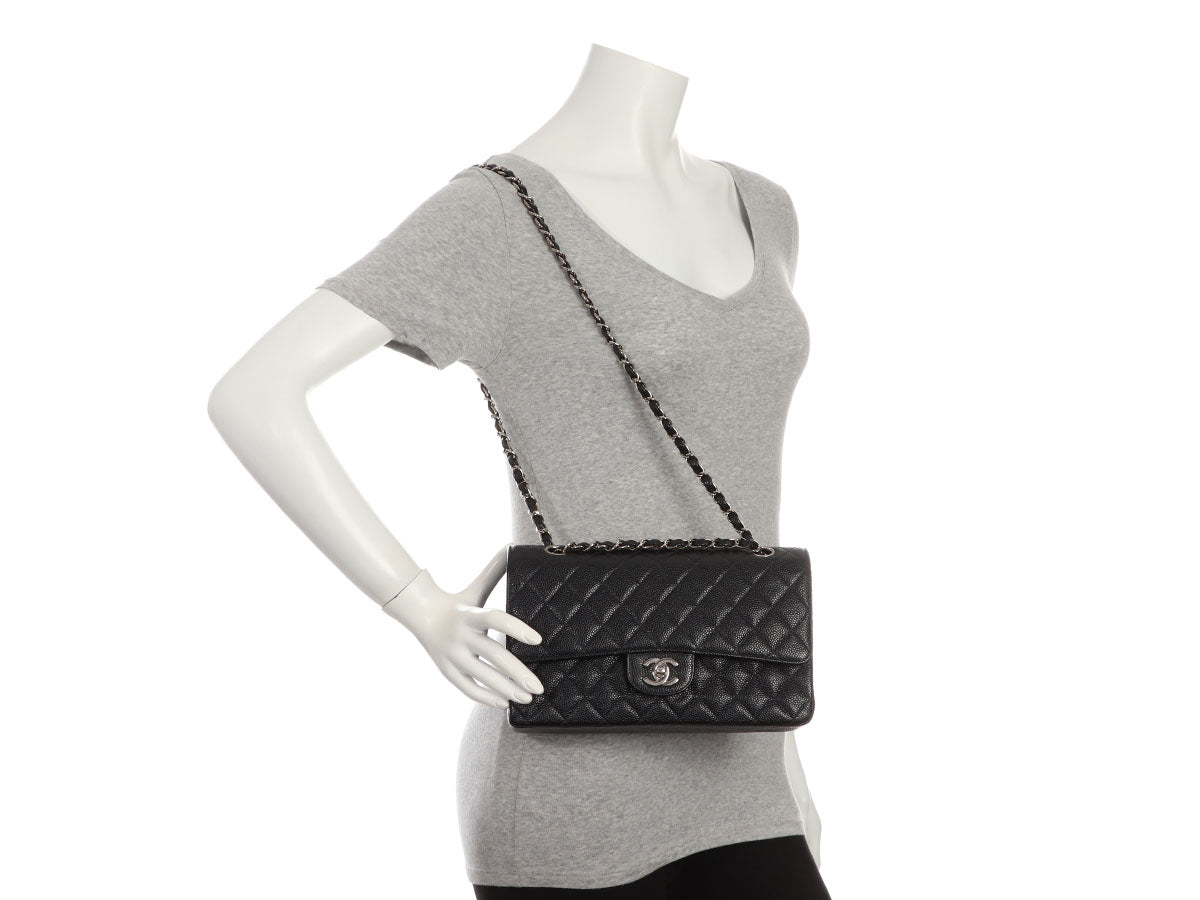 Chanel Medium/Large Black Quilted Caviar Classic Double Flap - Image 9