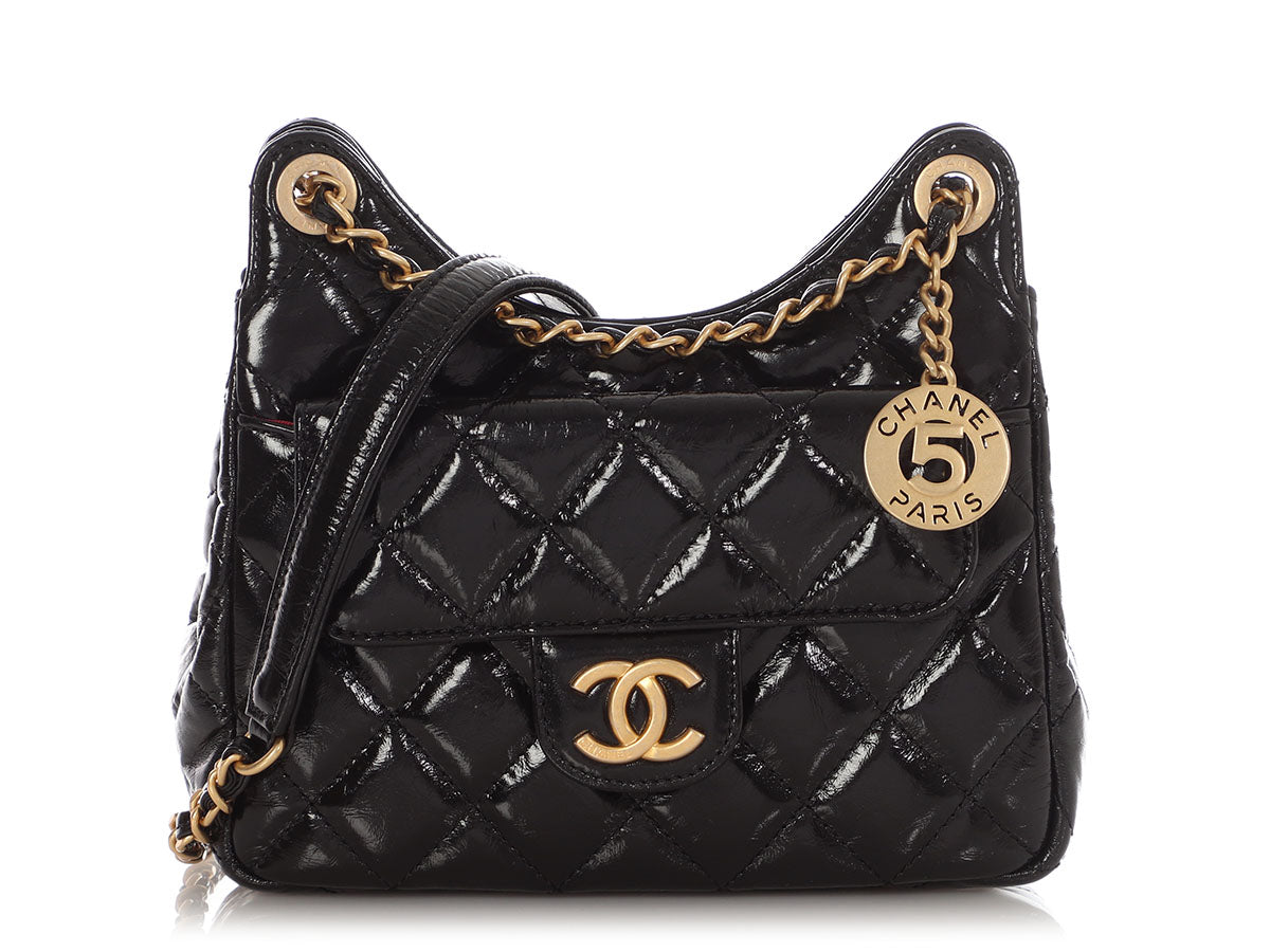 Chanel Small Black Quilted Shiny Calfskin Wavy CC Hobo - Image 2