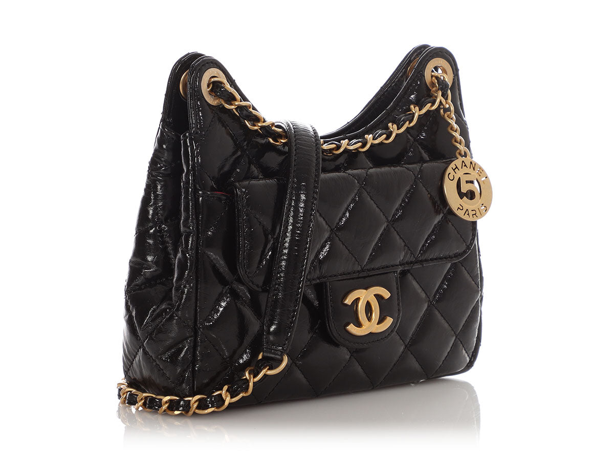 Chanel Small Black Quilted Shiny Calfskin Wavy CC Hobo - Image 7