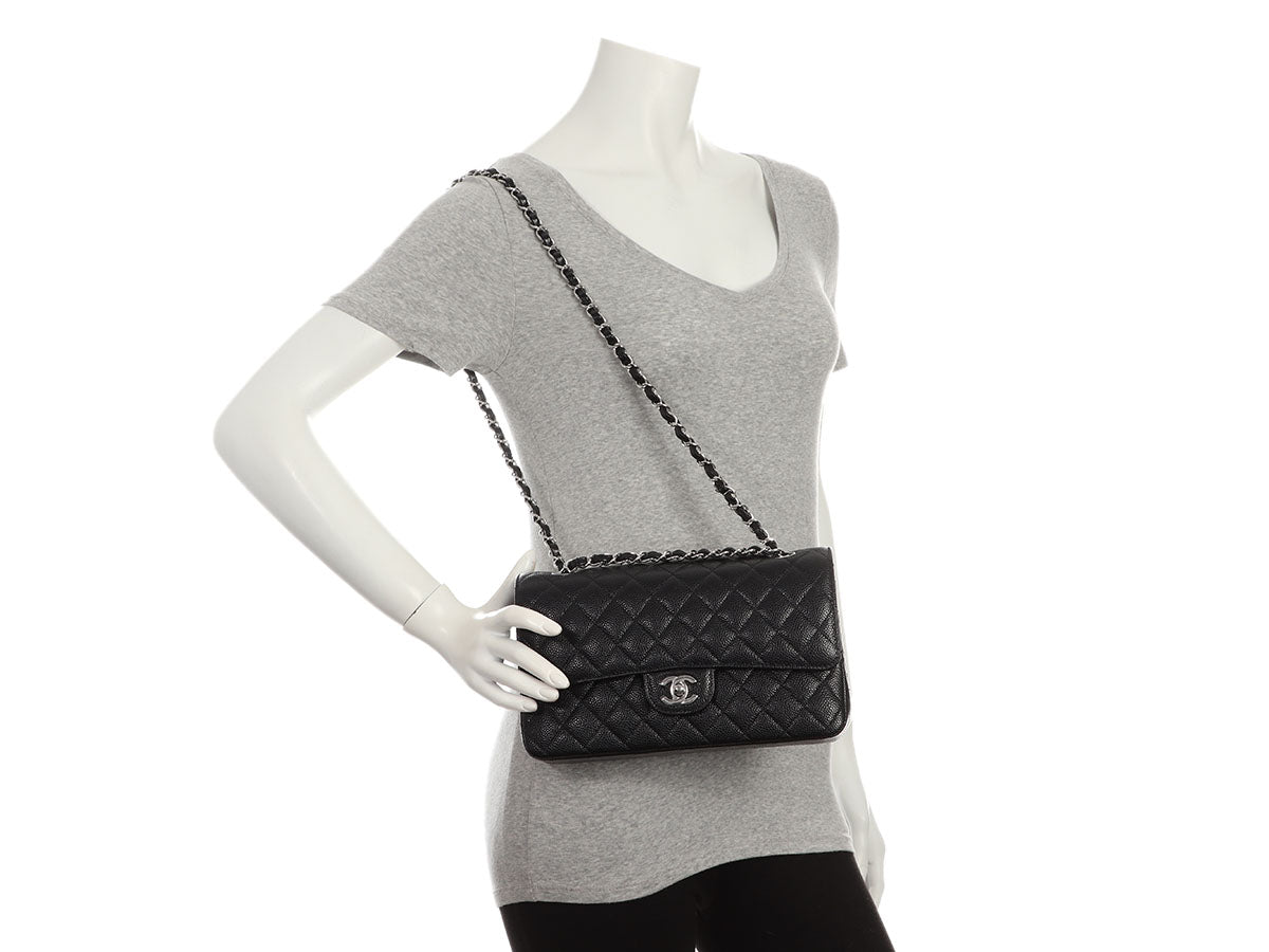 Chanel Medium/Large Black Quilted Caviar Classic Double Flap - Image 10