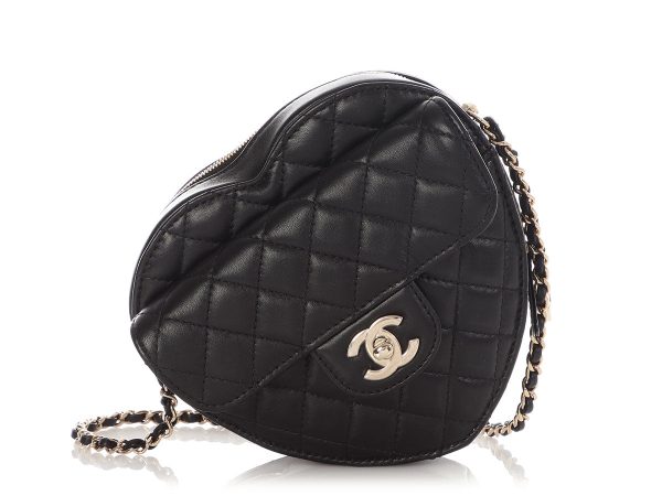 Chanel Large Black Part-Quilted Lambskin In Love Heart Crossbody