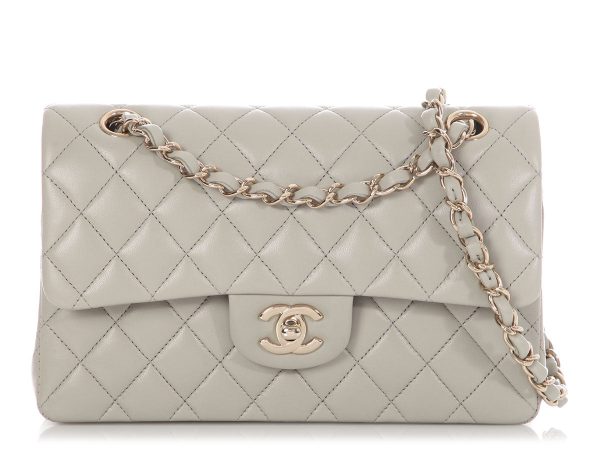 Chanel Small Light Gray Quilted Lambskin Double Flap Classic