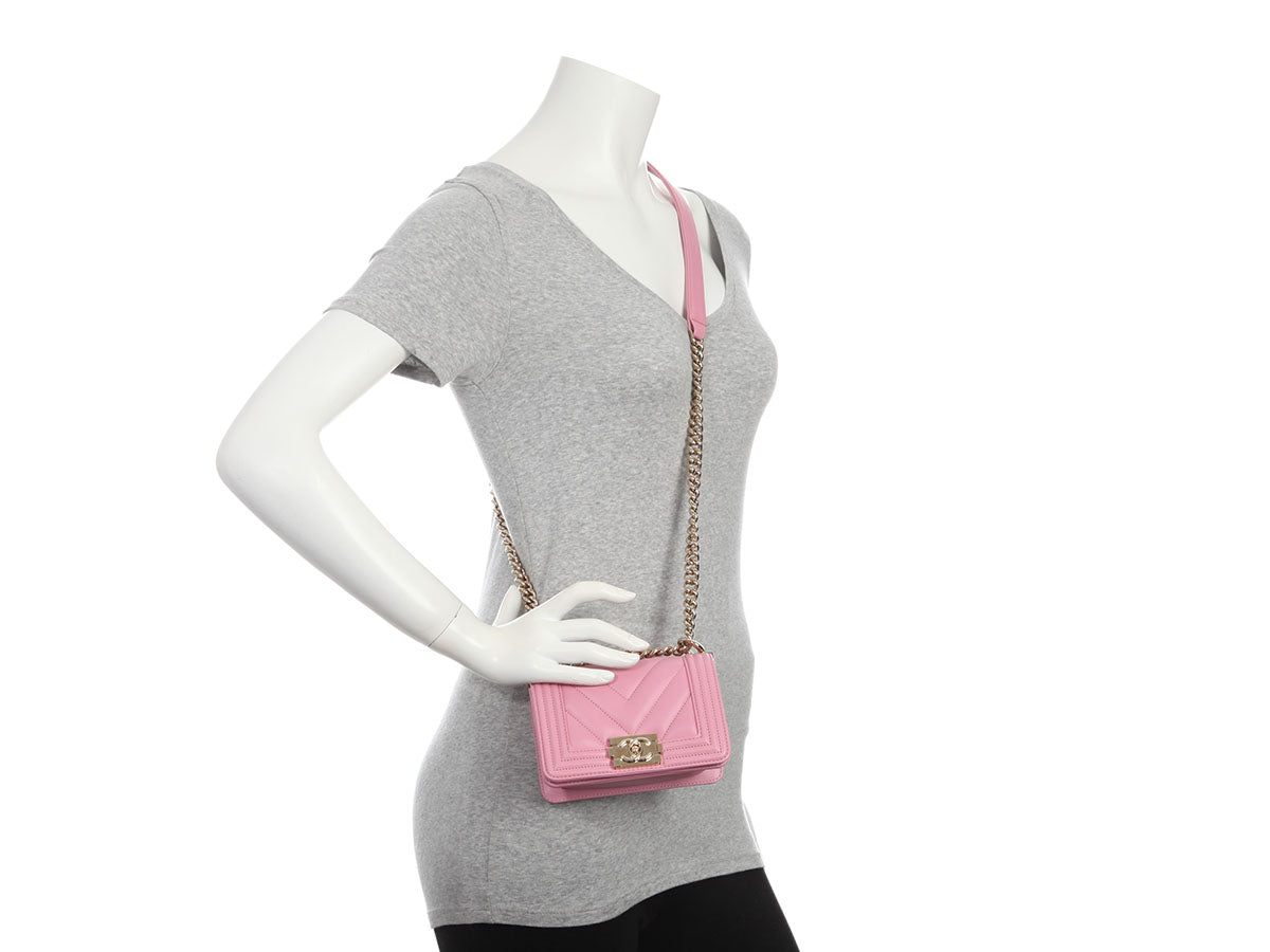 Chanel Micro Mini Rose Chevron-Quilted Lambskin Boy Bag - Image 11