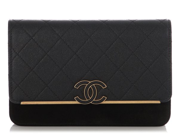 Chanel Black Quilted Caviar and Suede Leather Wallet on Chain WOC