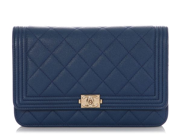 Chanel Blue Quilted Caviar Boy Wallet on Chain