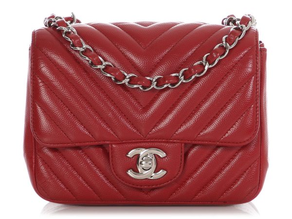 Chanel Mini Red Chevron-Quilted Caviar Classic