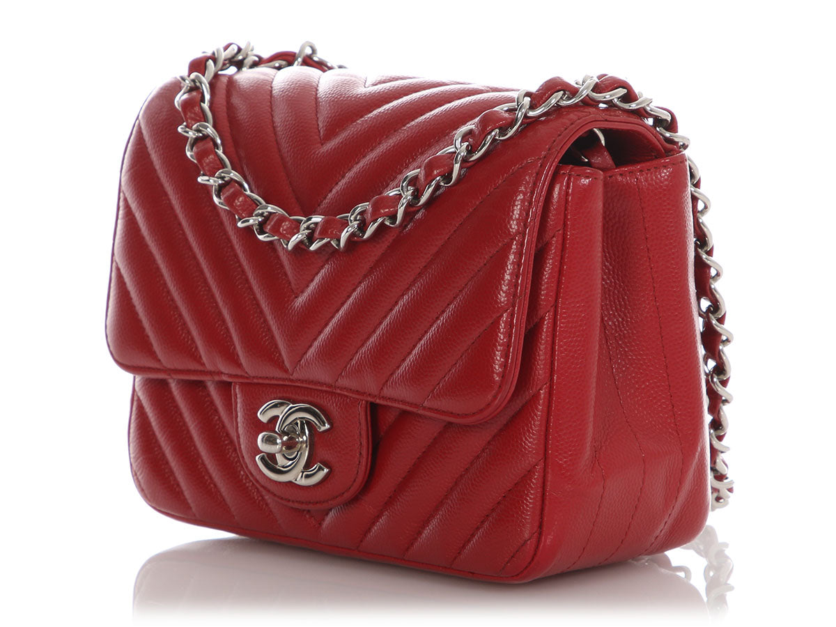 Chanel Mini Red Chevron-Quilted Caviar Classic - Image 4