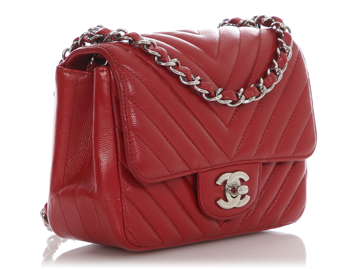 Chanel Mini Red Chevron-Quilted Caviar Classic - Image 6