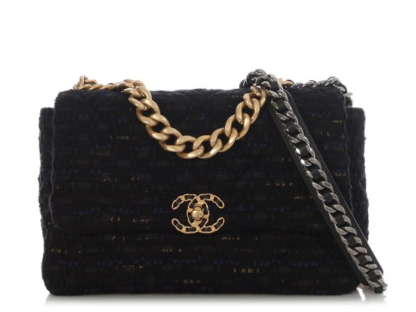 Chanel Large Navy Quilted Tweed and Ribbon 19 Flap