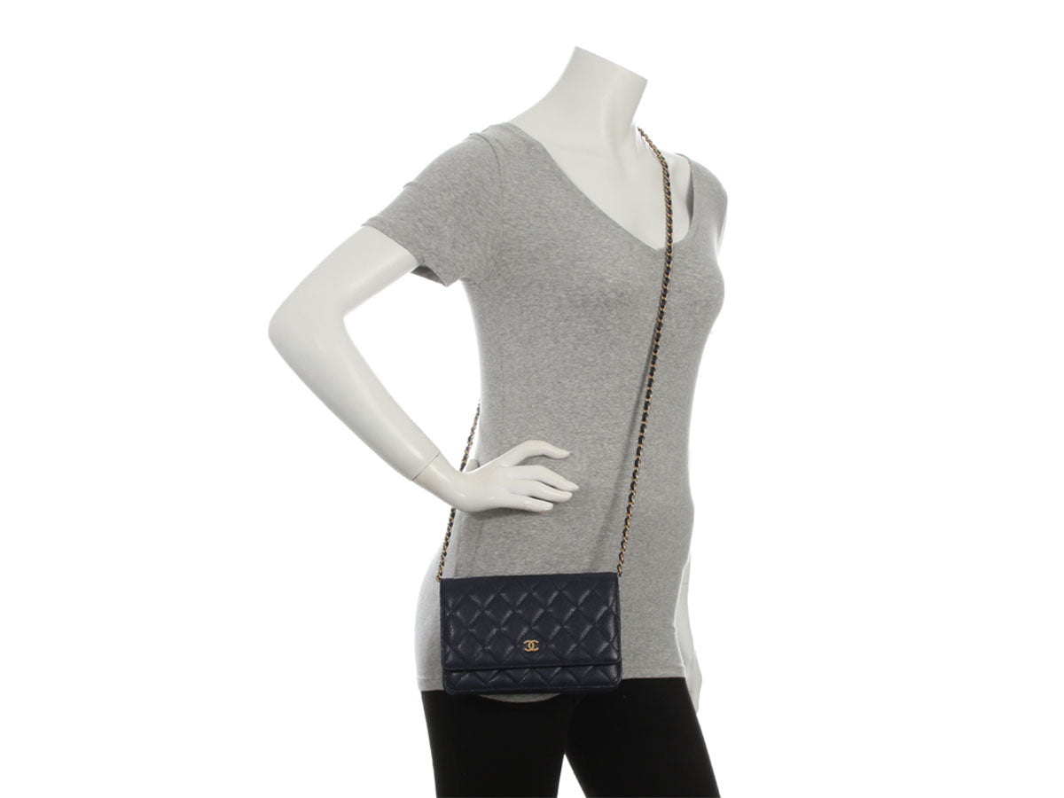Chanel Dark Blue Quilted Caviar Wallet on Chain - Image 10