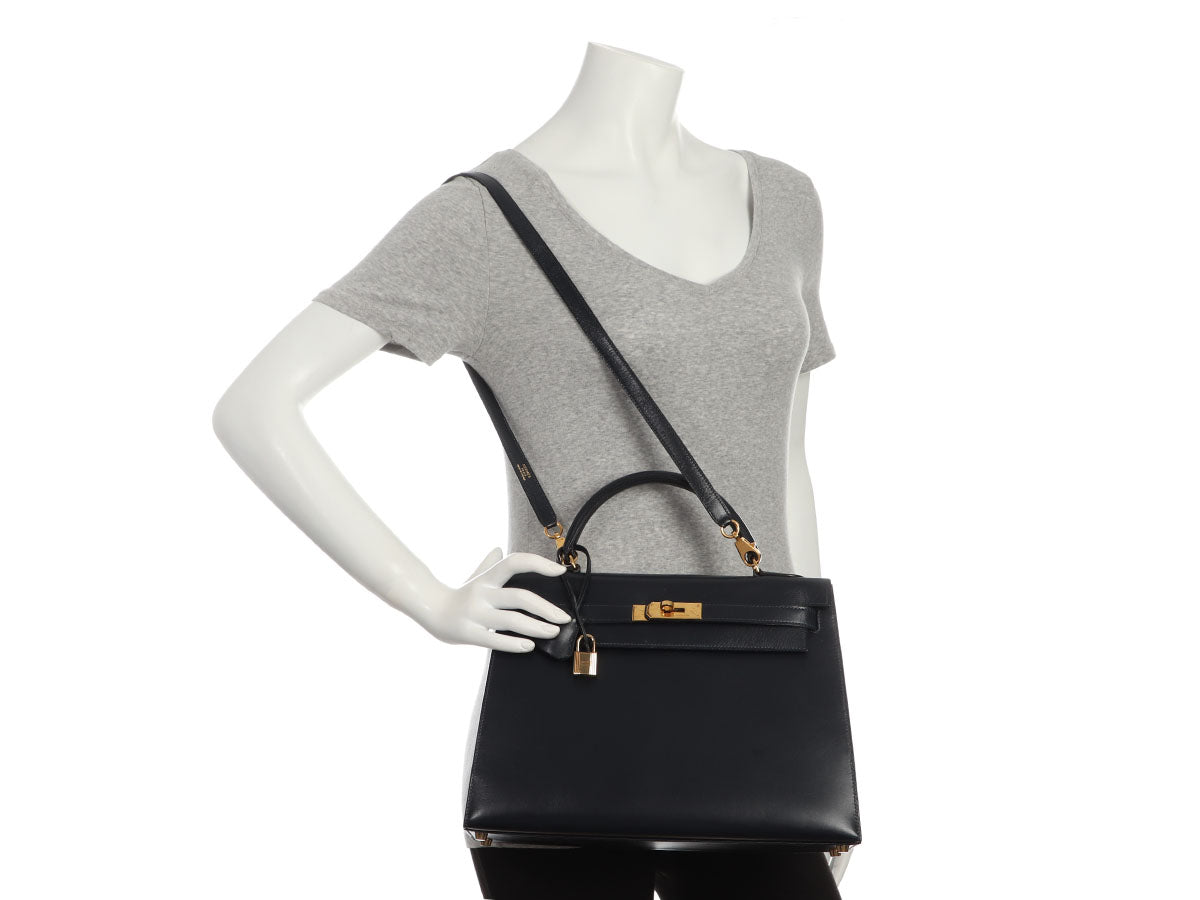 Hermès Vintage Navy Blue Box Calfskin Kelly 32 - Image 11