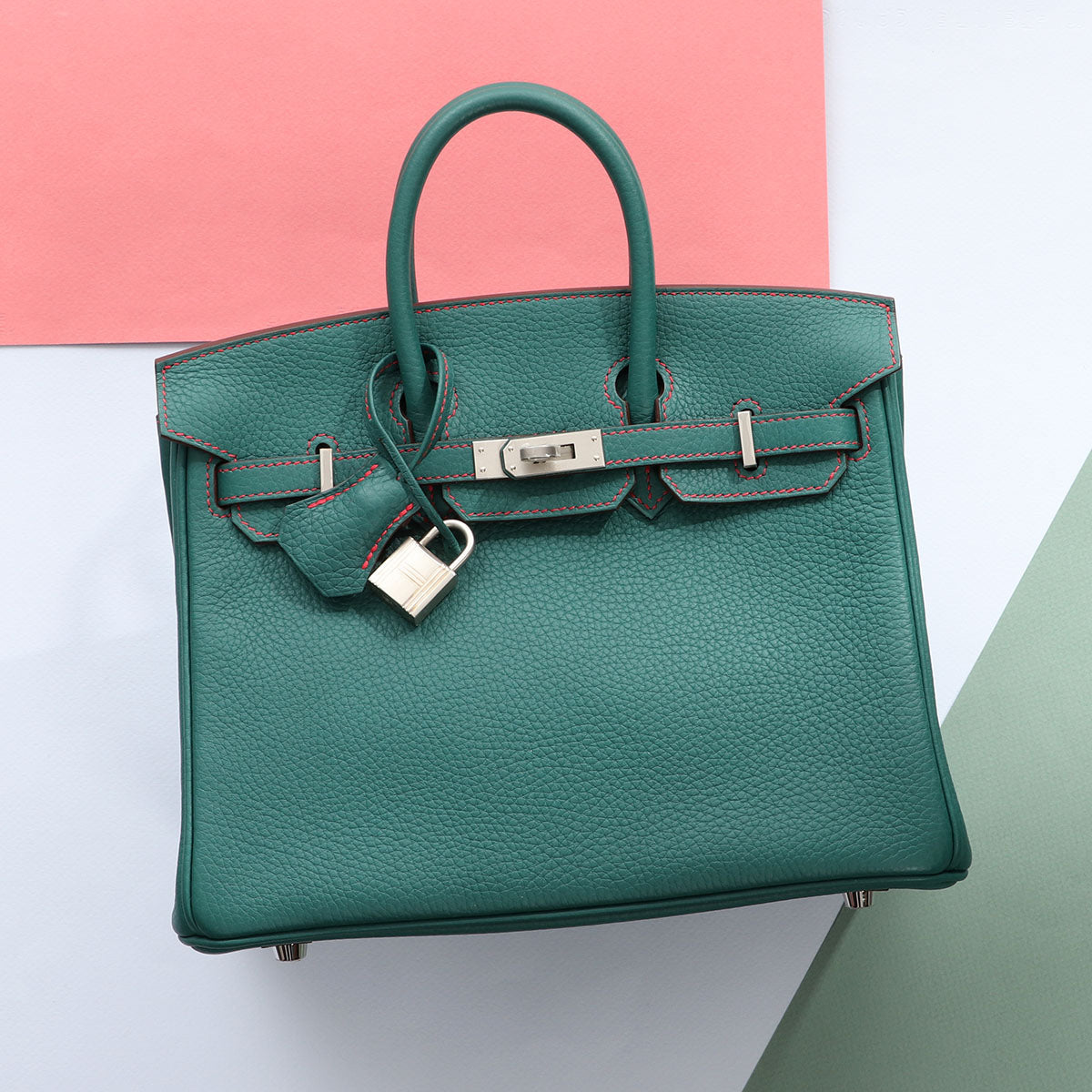 Hermès SO Malachite Clémence and Rose Extrême Verso Birkin 25 - Image 2