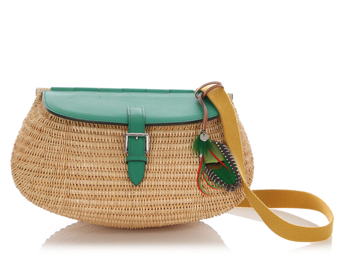 Hermès Vert Vertigo Swift and Osier Wicker Panier de Pêche